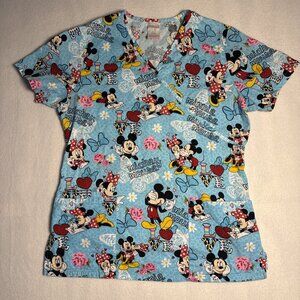Disney Scrub Top Size Small Mickey Minnie Mouse Love Blue 2 Pockets‎